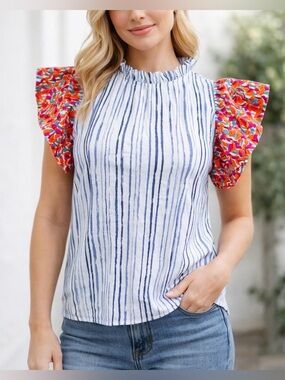 THML Striped Embroidered Flutter Sleeve Blouse Top XS Colorful Floral Boutique